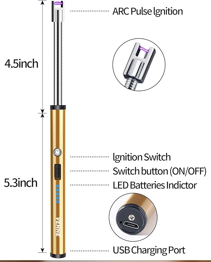 VEHHE Long Lighter, Rechargeable USB Arc Lighter with LED Battery Display Flexible Neck Lighters for Candles Grill Gas Stoves Camping Barbecue