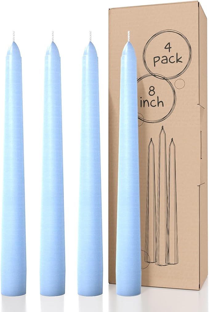 CANDWAX 8 inch Light Blue Taper Candles Set of 4 - Unscented Smokeless Dripless Tapers for Dinner Table, Home Decor, Easter Decor, Party, Wedding and Ordinary Dinners - Spring Candles