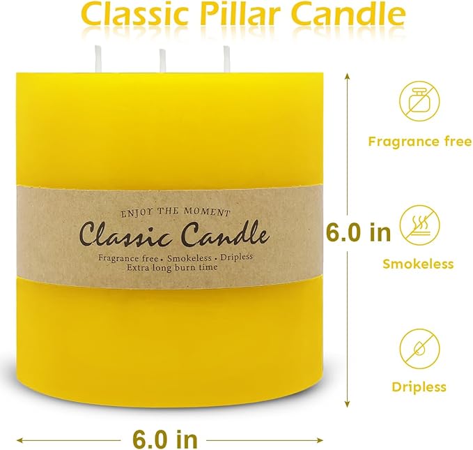 Large 3-Wick Yellow Pillar Candle - 6x6 Inch Dripless & Smokeless Unscented Fat Candle, 120 Hour Long Burning Hand-Poured Thick Candle with Cotton Wicks