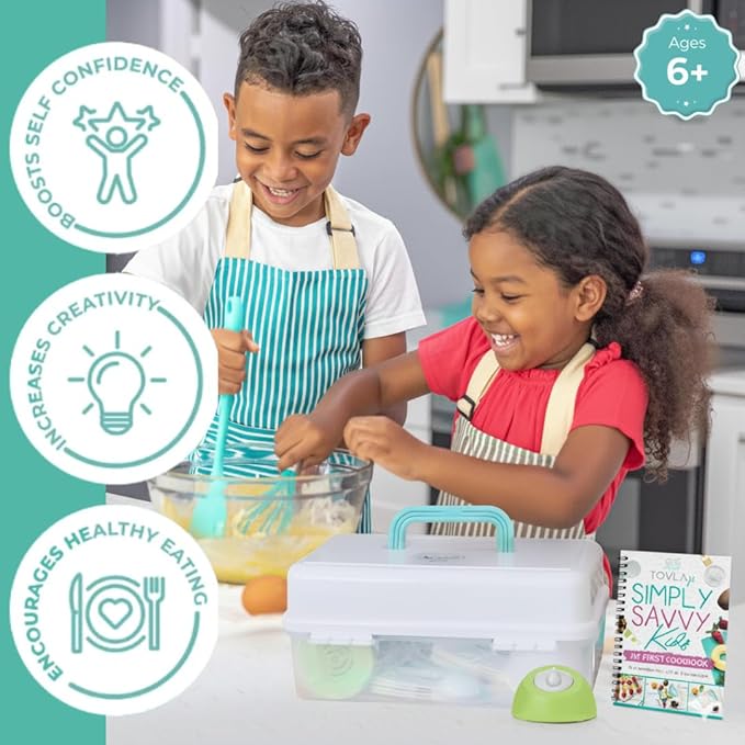 Tovla JR Kids Real Cooking and Baking Ultimate Gift Set | Montessori Kid-Safe Knives, Apron, Visual Cookbook, Timer, Storage Case & Tools | Premium Christmas & Birthday Gift for Girls & Boys