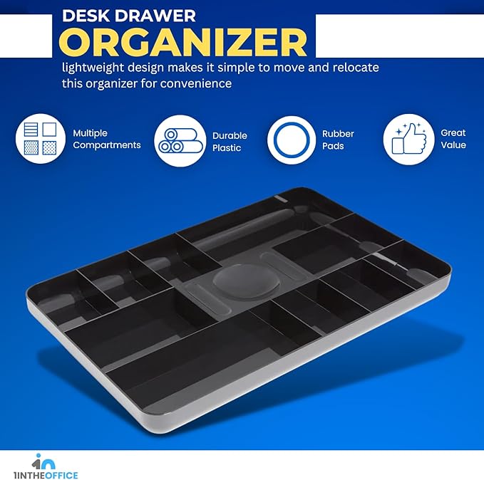 1InTheOffice Desk Drawer Organizer Tray, Desk Drawer Tray, 13-Compartment, Black, 2 Pack