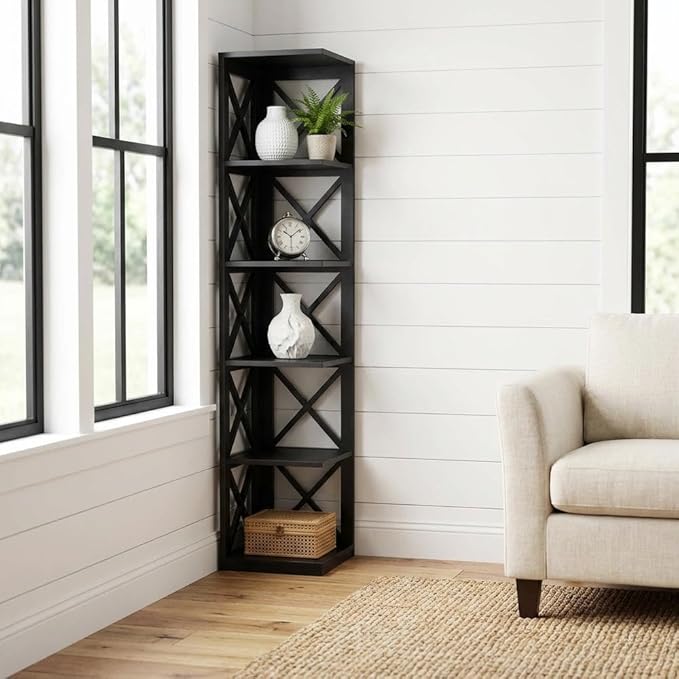 Furnifact Black 5 Tier Corner Bookcase with Spacious Shelves, Modern Design, Durable Non-Lead Base Paint Finish, Ideal for Living Room or Office Storage