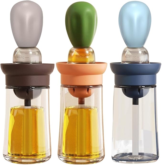 TINMIX Oil Dispenser with Brush - 3 Pack 2 IN 1 Olive Oil Dispensing Bottle with Basting Brush for Cooking Frying Baking Kitchen, 180ml, T-OB21 Blue+Grey+Green