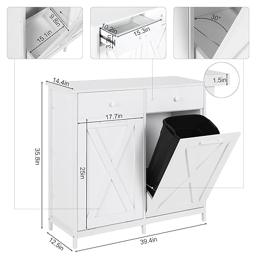 Clevich Double Tilt Out Trash Bin Holder, Wooden Recycling Cabinet w/Drawers & Tabletop, Dog-Proof, NOT Included(White)