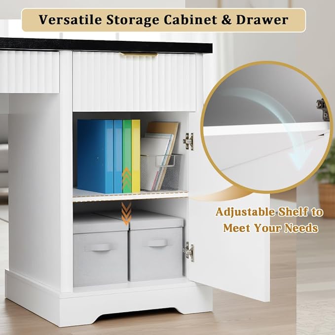 Modern Fluted Office Desk with Storage Cabinet Drawers Power Outlet Pegboard Built-in Shelves Keyboard Tray for Home Office Study Living Room (White)