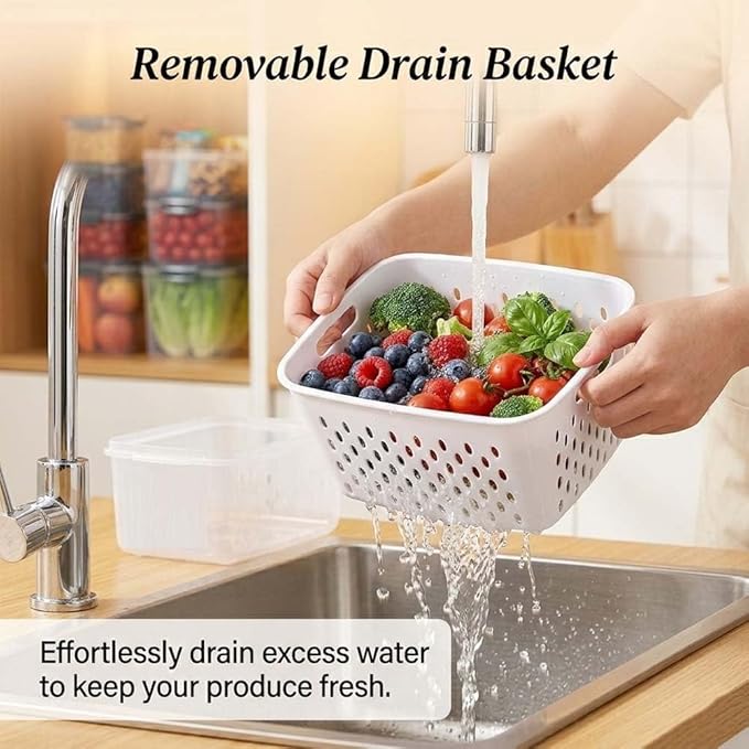 QUROXO 4 in 1 Food Storage Container-3 Piece Set, Household Transparent Plastic Food Storage Box with Lids, Food Fruit Storage Containers for Fridge with Drain Basket (Blue)