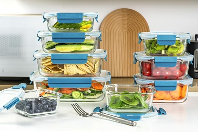 GENICOOK 9-Pack Glass Food Storage Containers with Airtight Locking Lids – Glass Meal Prep Container Set, BPA-Free, Stackable, Microwave, Oven, Freezer & Dishwasher Safe