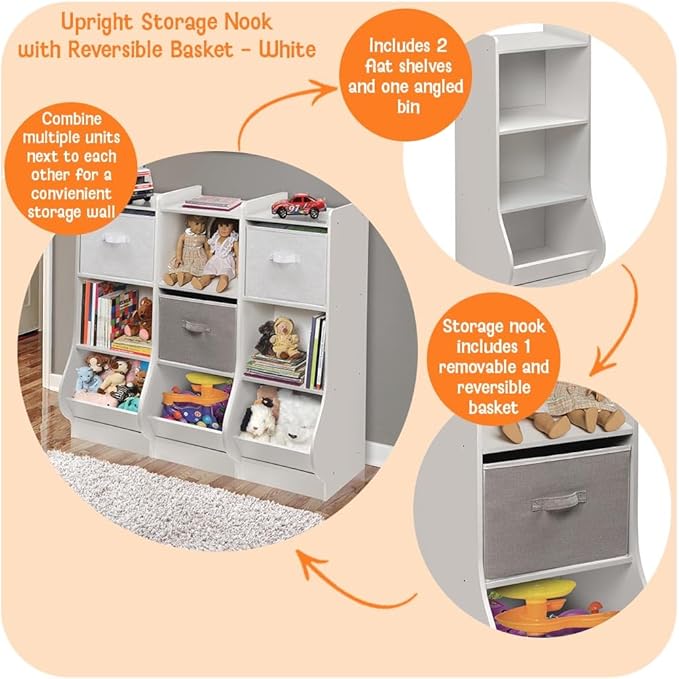 Badger Basket Upright Storage Nook with Reversible Basket - Melamine Surface, 2 Shelves & 1 Angled Bin, Customizable Storage Solution for Kids - White