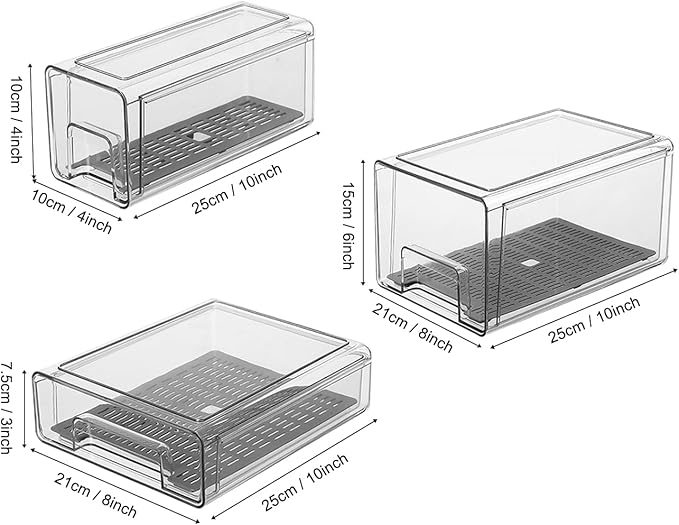 Pull Out Clear Fridge Organizer Drawers with Drainer, Refrigerator Stackable Storage Bins for Kitchen Fruit & Veggie Organization (Complete Set)