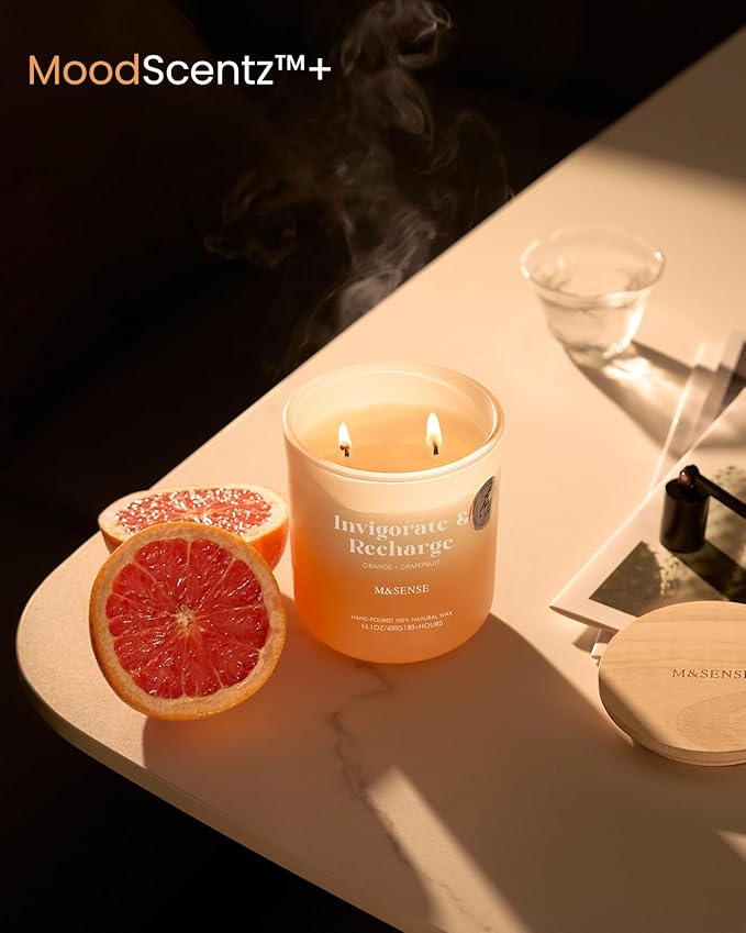 M&SENSE Orange Grapefruit Candle for Home Scented, 14.1oz Non Toxic 80 Hours Long Lasting Natural Soy Wax 2 Wick Aromatherapy Candle for Bath Bedroom, Spiritual Healing Gifts for Housewarming