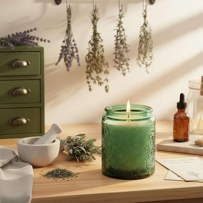 9-Pack 8oz Embossed Glass Candle Container with Bamboo Lids and Labels, Green Candle Jars for Making Candles, Sun Moon Star Design