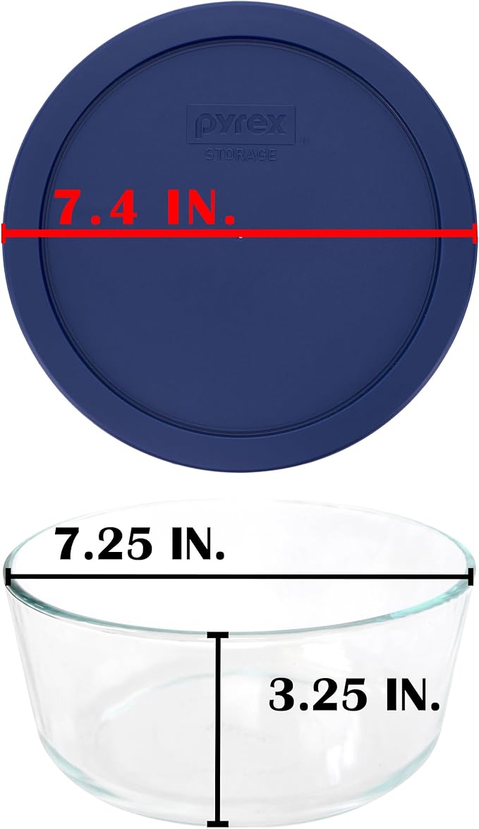 Pyrex 7203 7-Cup Glass Mixing Bowl with 7402-PC Blue Plastic Lid, Food Storage Container, Dishwasher Safe, Ideal for Food Prep & Leftovers - Made in the USA