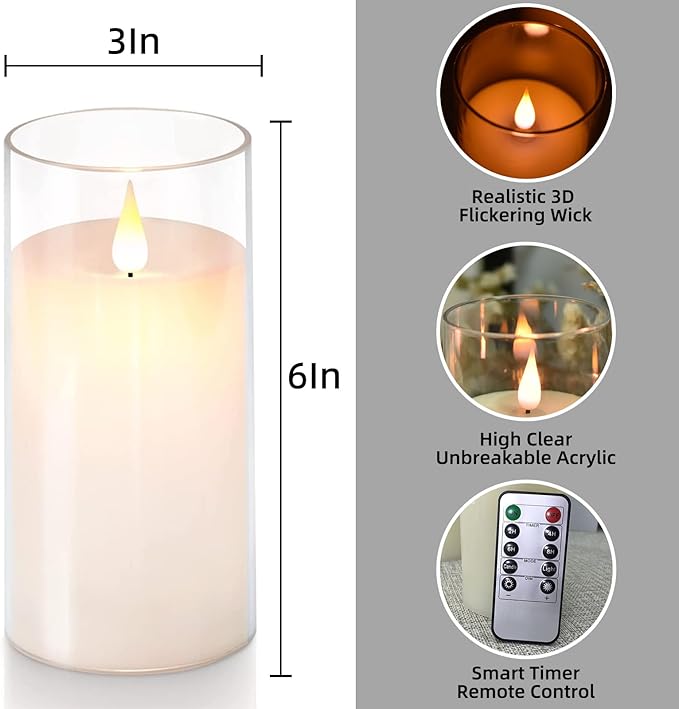 NICEME Flickering Flameless Candles with Remote Control Timer Unbreakable Acrylic Battery Operated LED Candles with Flickering Flame 3D Wick for Romantic Ambience Home Decor Set of 3, D3” xH6”