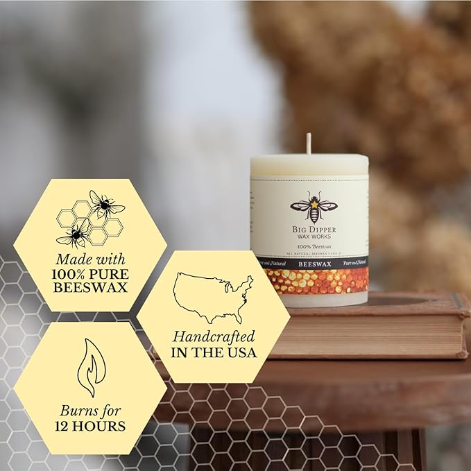 Big Dipper Wax Works Ivory Beeswax Pillar Candle 3" x 3.5" – 60-Hour Burn, Non-Toxic & Clean Burning, Pure Beeswax, Handmade in USA