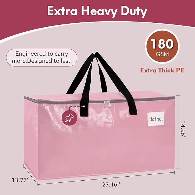 6-Pack Extra-Large Heavy-Duty Storage Totes with Reinforced Handles, Durable Zippers & Waterproof Material — Perfect for Space-Saving, Moving, Shipping and Travel (Pink)