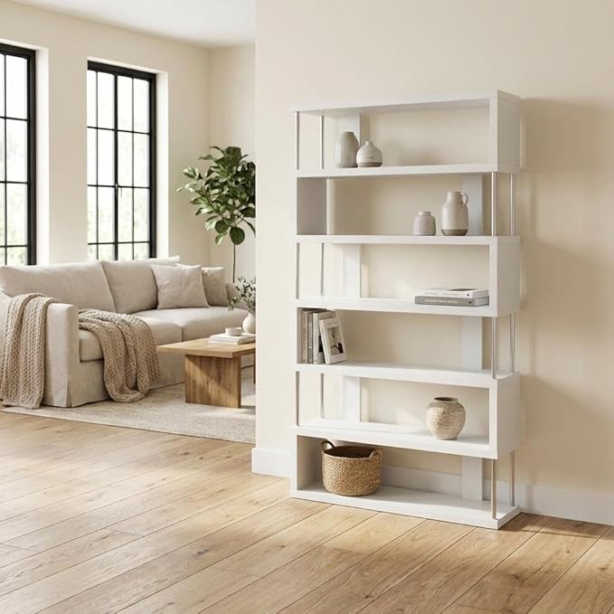 Furnifact White Six-Shelf Modern Bookcase with Engineered Wood, Transitional Style, Durable Construction, Spacious Storage for Living Room or Office