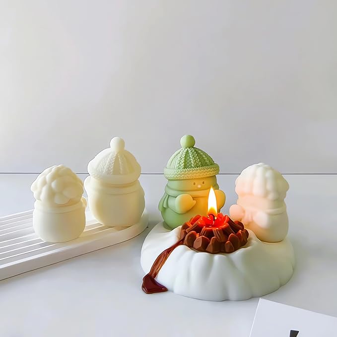 Christmas Snowman Candle Mold Set, Cozy Snowman Grilling The Fire Silicone Molds for Candles Soap Gypsum Handcraft, Sit by The Fire Resin Mold Xmas Winter Home Decor Festive Party Gift & Car Ornament