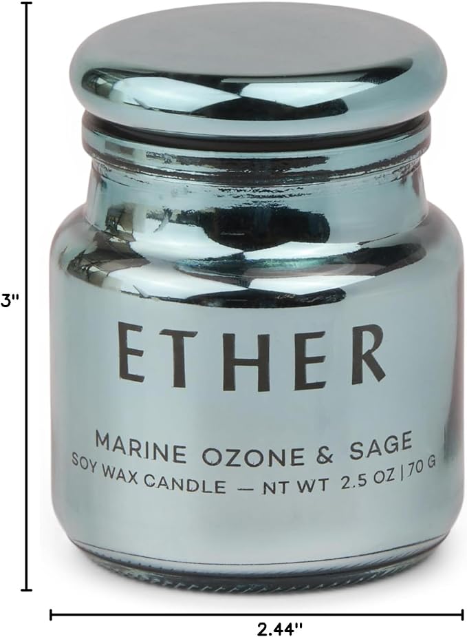 Paddywax Chroma Scented Candle with Lid in Reusable Metallic Etched Glass Jar, Clean- Burn Soy Candle with Approx. 14 Hour Burn Time, Marine – Ether, Ozone & Sage, 2.5 oz