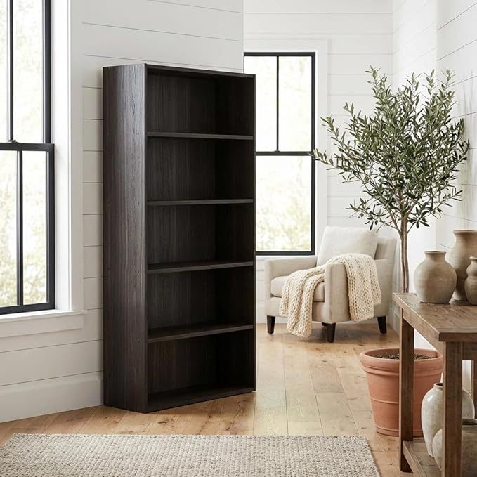 Furnifact Espresso Bookcase with Wood Construction, Single Piece, Modern Design, Durable Wooden Shelving for Living Room, Office Storage
