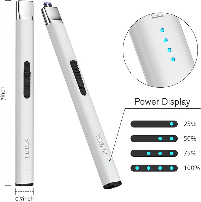 REIDEA Lighter Electronic for Candle, Windproof Flameless USB Rechargeable Arc Lighter with Safe Button and Power Indicator for Candle, BBQ, R1, White