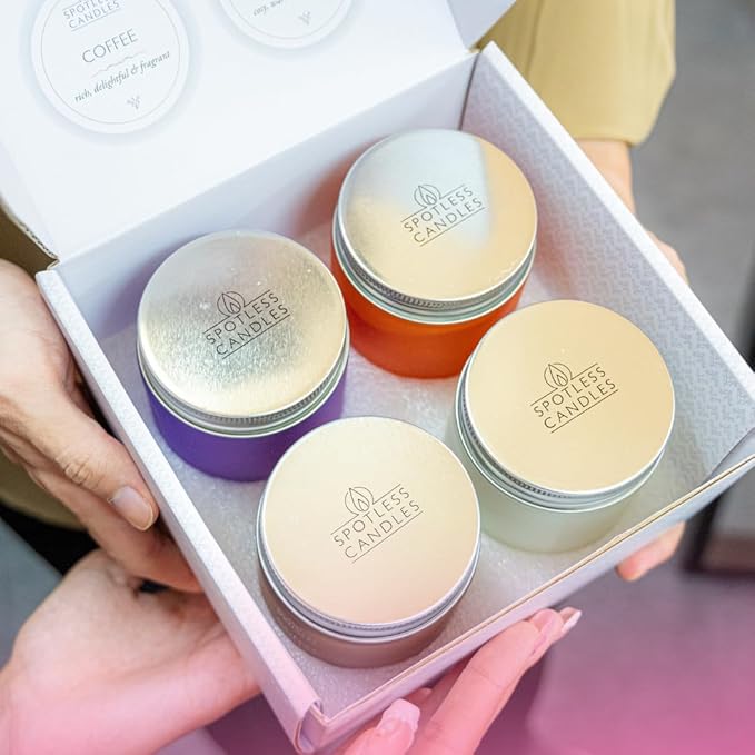 Candles for Women - 4 x 8oz Coloured Glass Jars 3" x4 Mixed Set of Classic Scents Pumpkin Spice, Coffee, Vanilla, Lavender 200 Hours Burn Time, Classic Candle Set for Men & Women by Spotless Leopard
