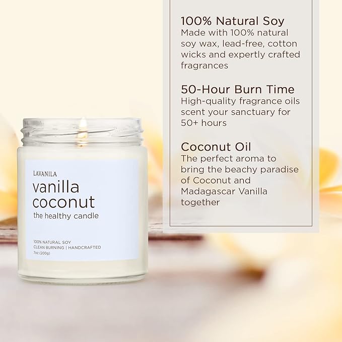 Lavanila Vanilla Coconut Scented Natural Soy Candle (2-Pack) - Handcrafted, Clean Burning 50 Hour Burn Time, 7 oz Each