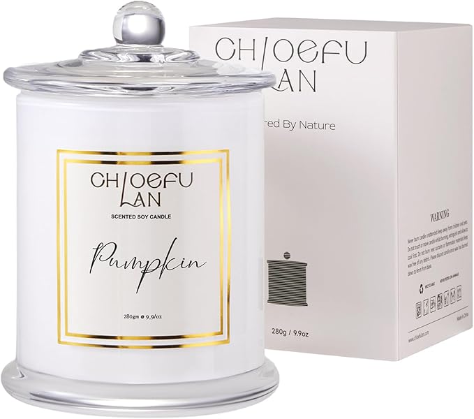 Chloefu LAN Pumpkin Candle, Fall Candles for Home Scented, Halloween Gifts for Women & Men, Natural Soy Scented Candles, Holiday Autumn Gift, Luxury Glass Jar, 75 Hours Long Burning, 10 oz