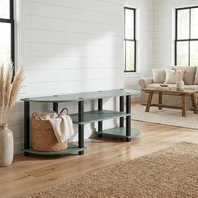 Furnifact Sage Green Entertainment Center for TV up to 55 Inch, Round Corner Design, Open Shelves, Engineered Wood Construction, Modern Home Media Stand