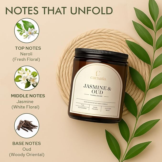 Carnatia Jasmine & Oud Scented Candle – 7 oz | 100% Soy Wax with Cotton Wick | 50 Hour Burn | Aromatherapy Candle for Home, Mood Lift & Relaxation | Gift for Women & Men