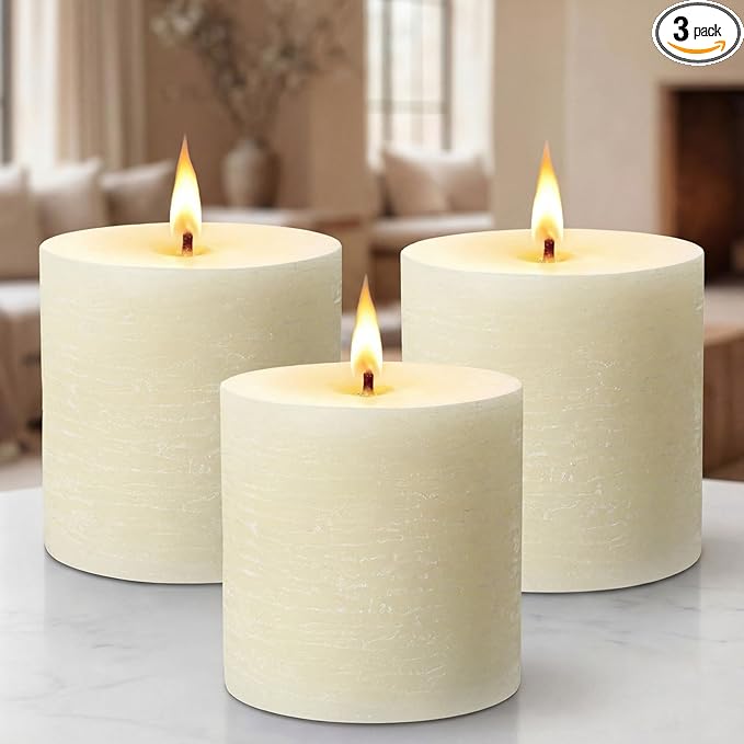 Sumind Valentine's Day Handmade 3x3 Inch Pillar Candles Set of 3, 24 Hour Long Burning Unscented Rustic No Drip Ivory Candles Hand Poured for Spring Home Decor, Weddings, Parties,Dinner,Church(White)