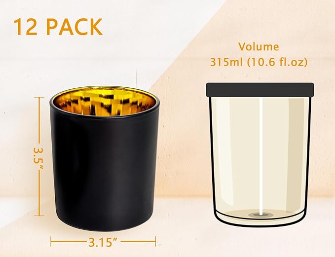 Bulk Candle Jars for Candle Making, Luxury Container with Electroplated Interior, 12PCS Vessel with Metal Lids Empty Jars - Gold Inner
