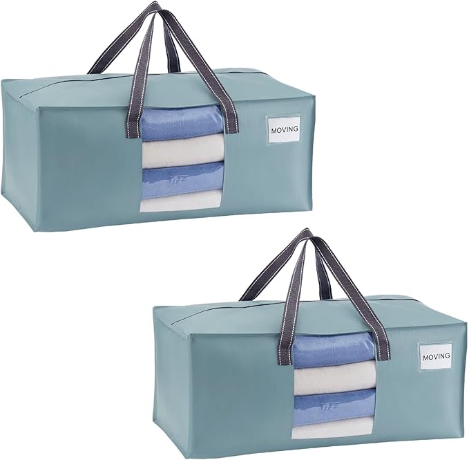 VENO 2 Pack Heavy Duty Moving Bags, Christmas Storage Bins with Lids, Transparent Window Design, Alternative to Moving Boxes, Storage Bags for Clothes, Blankets, Comforters (Light Blue Matte, 2 Pack)