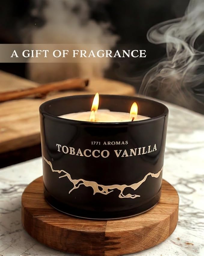 Tobacco Vanilla Scented Candles - 100% Natural Soy Wax - Large 3 Wick Jar Candle - Up to 50 Hours Burning Time - Candles for Home - Gift-Ready Candle for Men & Women - Aromatherapy