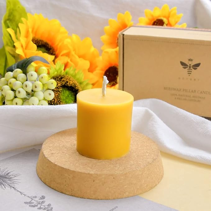 DEYBBY Natural Beeswax Pillar Candle -2x2 inch Smokeless Dripless Candles Set of 6 -Small Yellow Pure Beeswax Candles with Natural Scent for Family Church Prayer Home Decor, Each 13 Hours Burning