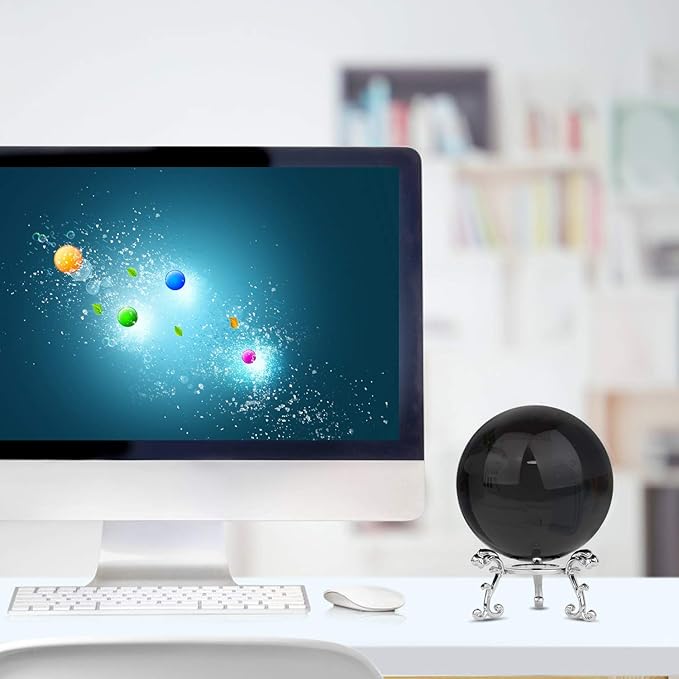 MerryNine 80mm/3.15" Top K9 Crystal Ball with Stylish Metallic Stand and Microfiber Clean Cloth, Decorative and Photography Accessory (Obsidian Black)