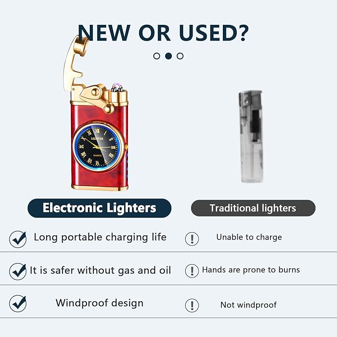GADATOP Electric Windproof Lighter - USB Rechargeable Flameless Double Arc Plasma Lighter with Luminous Real Watch dial LED (Grain Wood red)