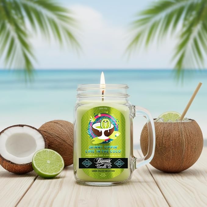 Skinny Dippin’ Lime in The Coco Candle – Odor Eliminating, Strong Scent – Lime & Creamy Coconut – Long Lasting 90 Hour Burn – Large 12oz Mason Jar – Made in USA – Beamer Candle Co.