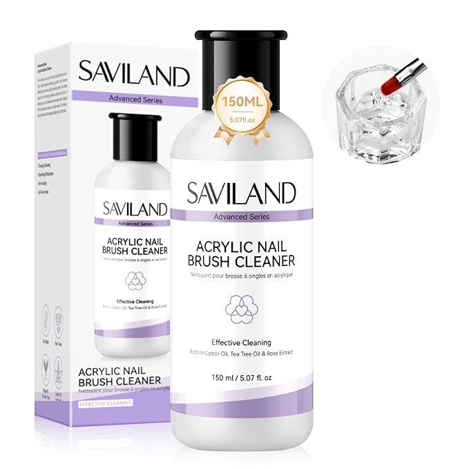 SAVILAND Acrylic Nail Brush Cleaner: 3-Minute Deep Clean & Conditioning Liquid, Plant-Based Cleaner Conditioner Preserver Restorer for Acrylic Nail Brushes, Home DIY & Salon Use, 5 OZ