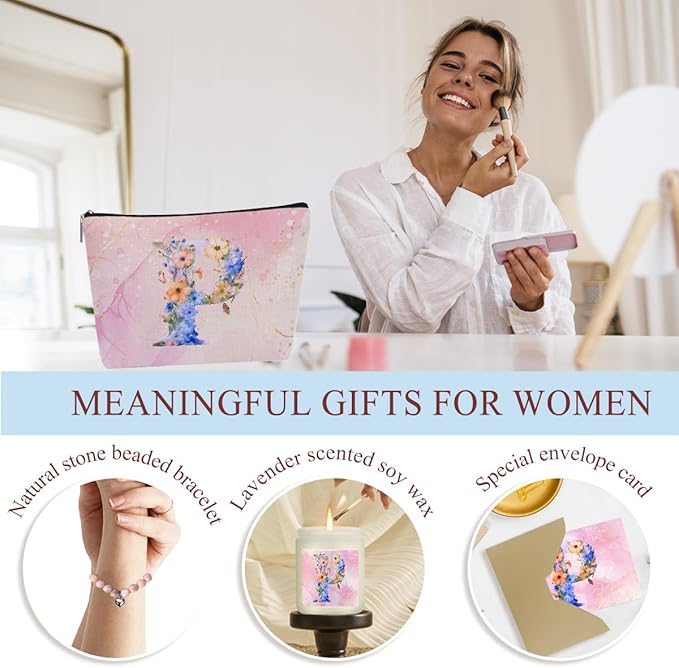 Personalized Gifts for Women Monogrammed Birthday Gifts for Women, Wife Girlfriend Wedding Christmas, Initial Wine Tumbler Makeup Bag Scented Candle Bracelet Set, (Aesthetic Pink Flower P)