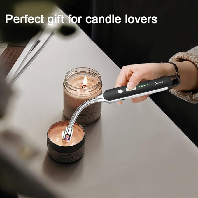 SUPRUS Electric Rechargeable Arc Lighter with LED Battery Display Long Flexible Neck USB Lighter for Candle Cooking (Black)