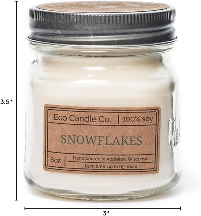 ECO CANDLE CO. Mason Jar Candle, Snowflakes, 8 oz. - Scents of Winter, Flowers, & Mint - 100% Soy Wax, No Lead, Kraft Label & Antiqued Pewter Lid, Hand Poured, Made from Midwest Grown Soybeans