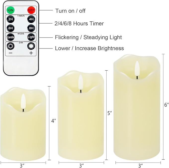 Flickering Flameless Candles, Realistic LED Candles Battery Operated with Remote and Timer, Ivory Real Wax Pillar Candle for Christmas Home Wedding Party Decorations, Set of 3