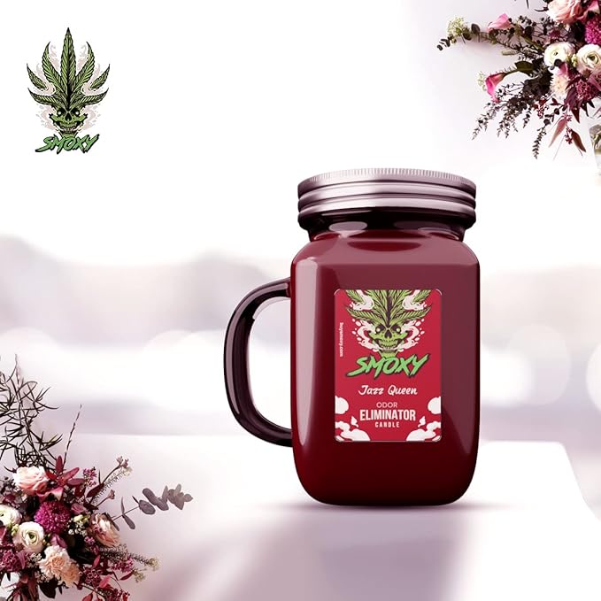 Smoxy Smoke Odor Eliminator Candle - Scented Candle for Home - Indoor Space Deodorizer & Air Freshener with Fragrance Pet Smell - Natural Palm Wax - Glass Mason Jar, 13oz. (Jazz Queen)