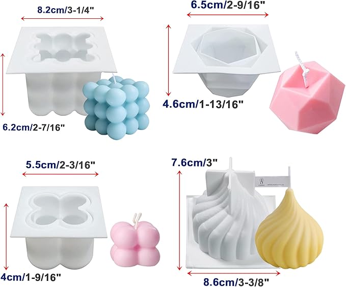 4Pcs Silicone Bubble Candle Molds Set for Making, 3D Cube Mold for Soy Wax, Soap, DIY Scented Candles, Cake