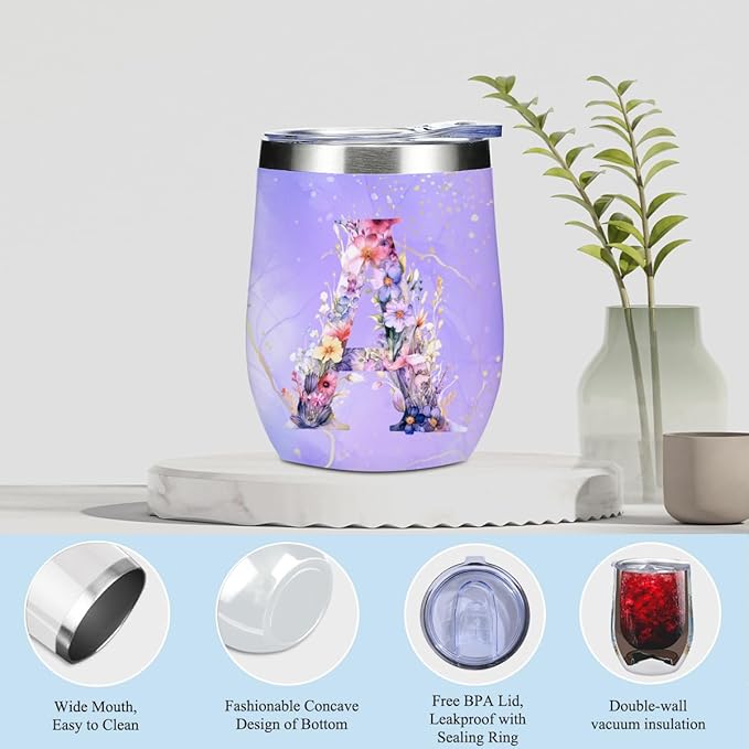Personalized Gifts Monogrammed Birthday Gifts for Women, Bridesmaid Bachelorette Party Wedding Christmas Initial Wine Tumbler Makeup Bag (Aesthetic Purple Flower A)