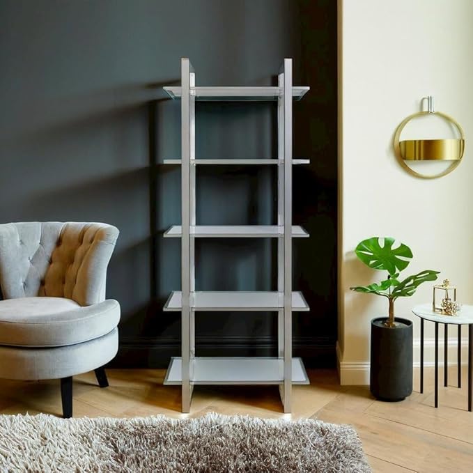 Contemporary Five-Tier Bookcase with Clear Glass Shelves in Polished Chrome by FurniFact