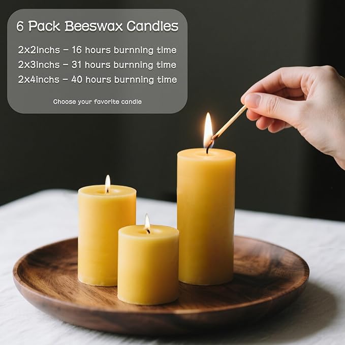 6pcs Beeswax Candle, 2x2 Inches Beeswax Pillar Candles 96-Hour Long Burn Time, 100% Natural Pure Bees Wax Candle for Home Holidays Decor Spa Relaxation (2x2in)