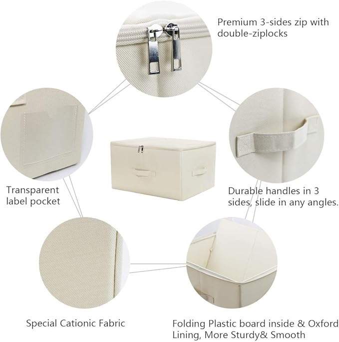 iwill CREATE PRO 3-Pack Beige Folding Storage Boxes with Zip Lid | Collapsible & Stackable Rigid Organizer Bins for Clothes, Blankets, Books