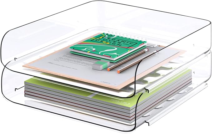 Tomorotec Desk Letter Tray Set, A4 Size Clear PET Stackable Document Organizer Office Desktop File Paper Holder Book Storage Rack Side Load Anti-Skid Stacking Support Convex Bottom (2X Portrait)