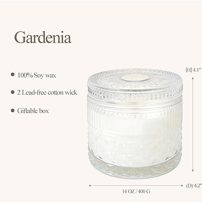 Chloefu LAN White Crystal Candle Gardenia Candles for Home Scented, Large 2-Wick Candle, Highly Scented, Gifts for Women, Anniversary Wedding, Thanksgiving, Birthday Gifts for Her Mom, 14 oz